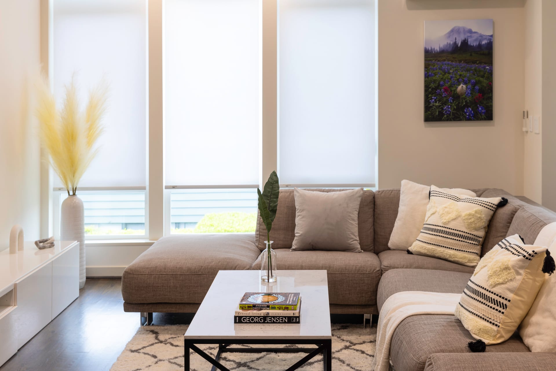 Open-plan living room with motorized blinds and smart TV